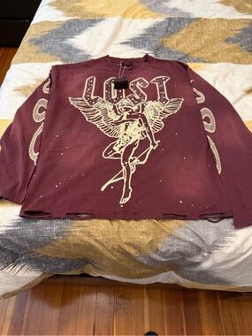 Lost Intricacy Burgundy Long-Sleeve Graphic Tee with Angel Motif Size XL